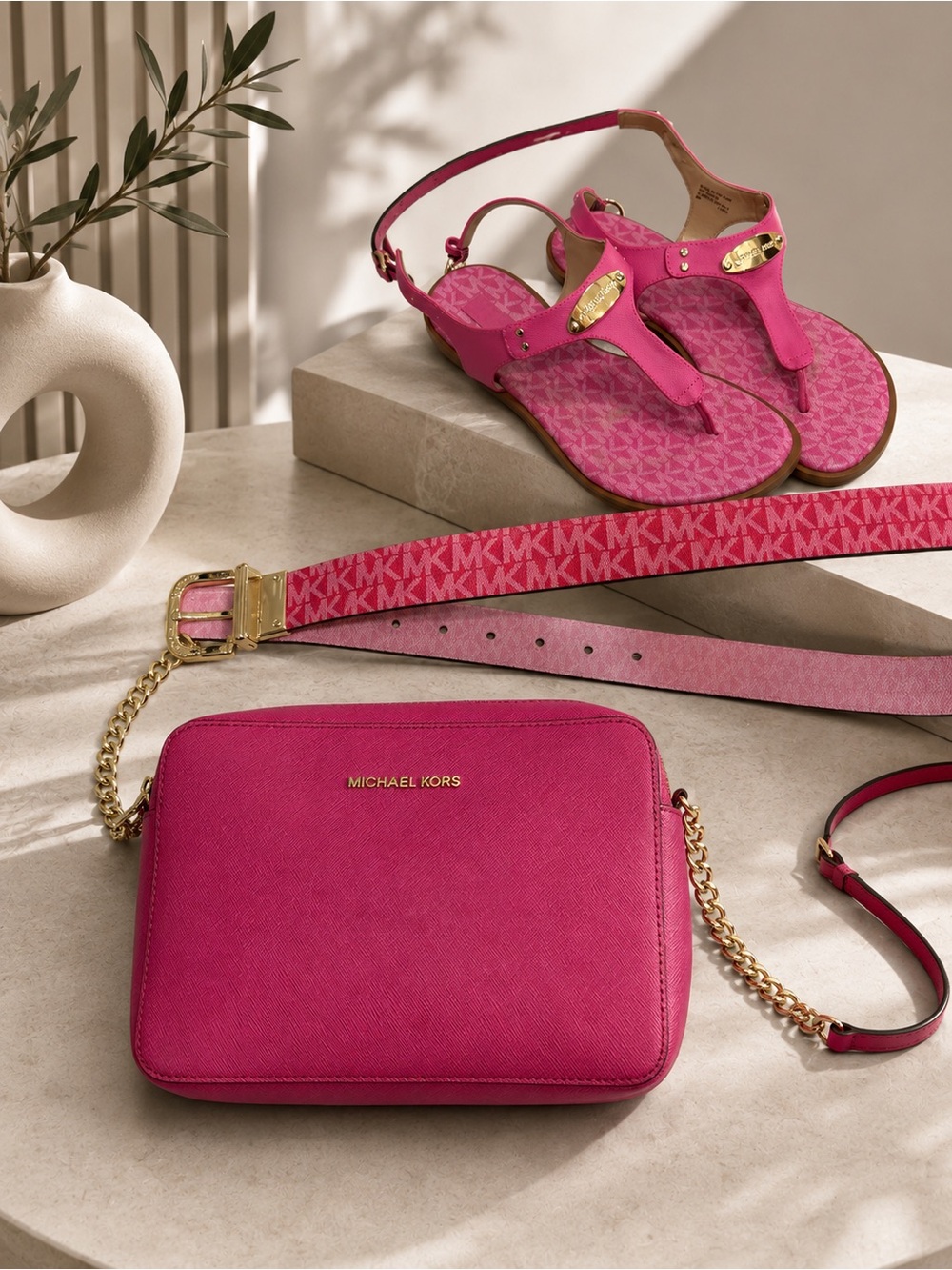 Michael Kors Hot Pink Crossbody Bag with Gold Chain